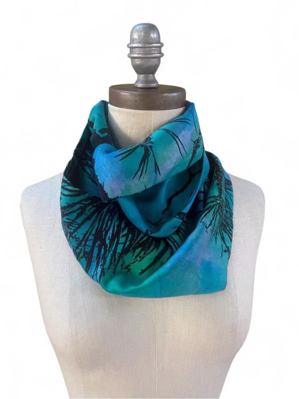 Bente Hammer DK silk infinity scarf teal blue green black abstract tree print os
